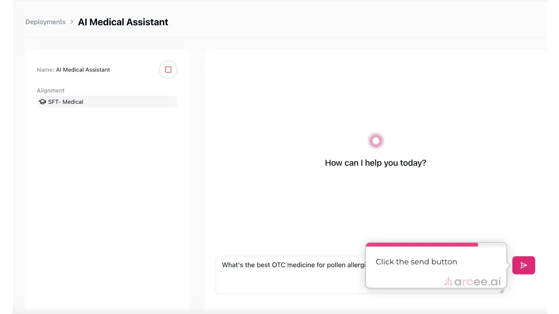 Arcee AI Medical Assistant deployment interface with chat prompt and send button.