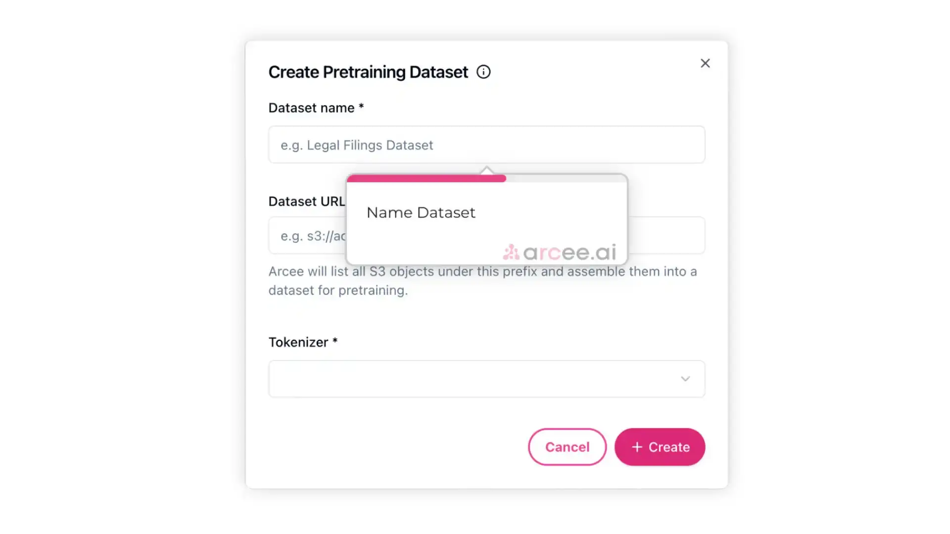 Arcee Create Pretraining Dataset screen for uploading pretraining data.