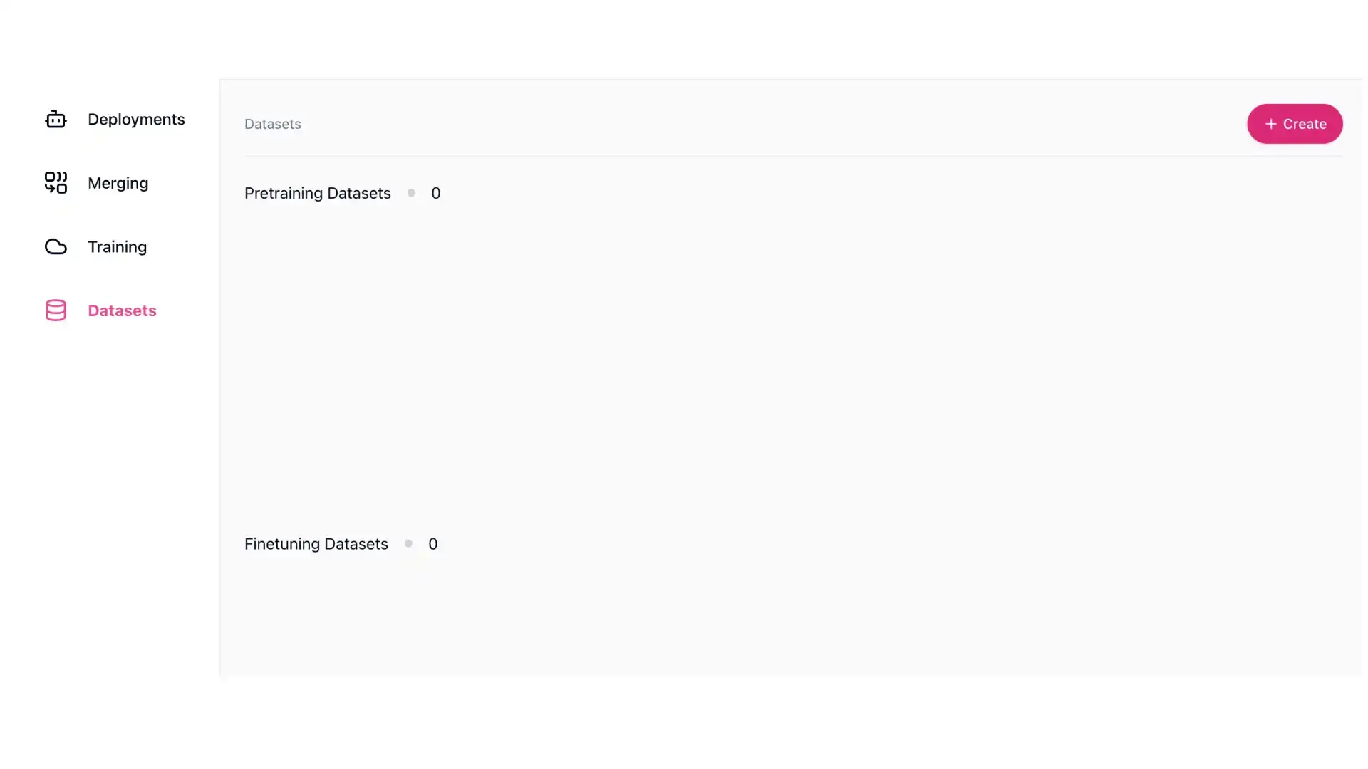 Arcee platform Datasets section for Continuous Pretraining with options to create pretraining and finetuning datasets.