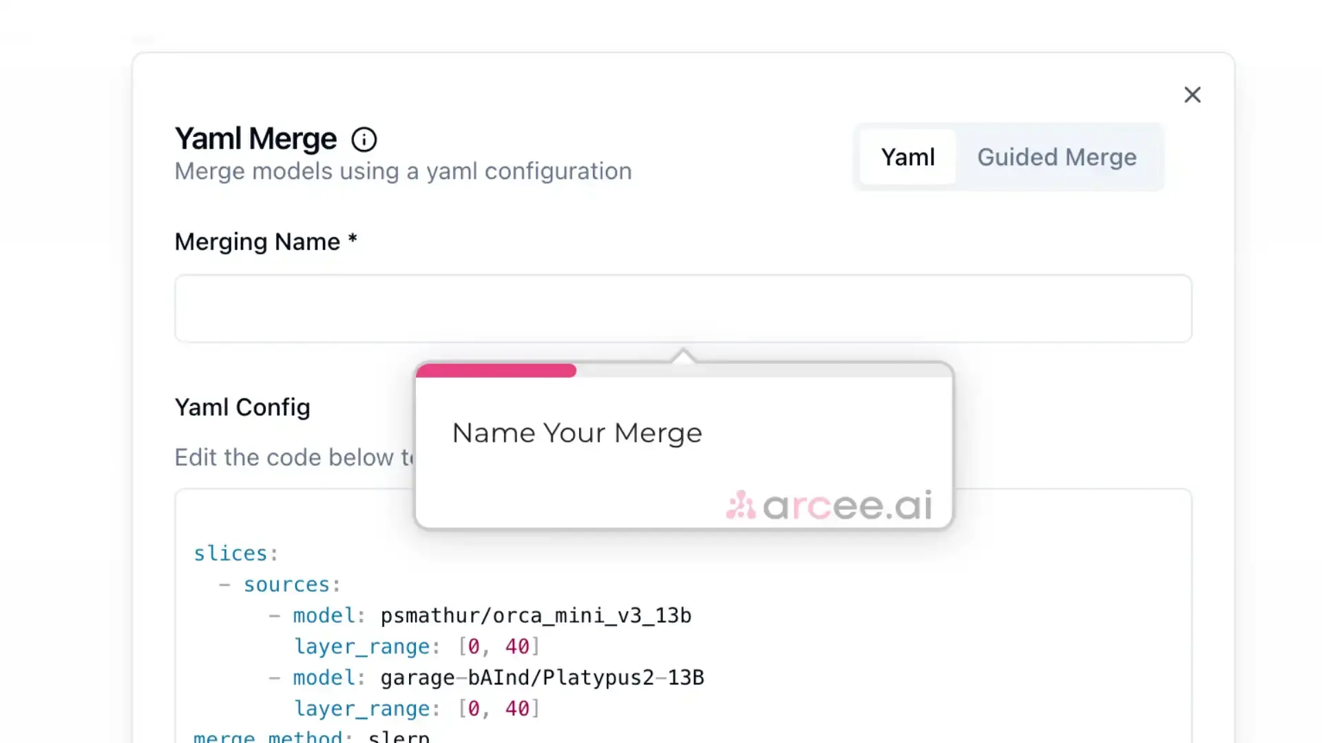 Arcee YAML Merge interface for merging models using YAML configuration