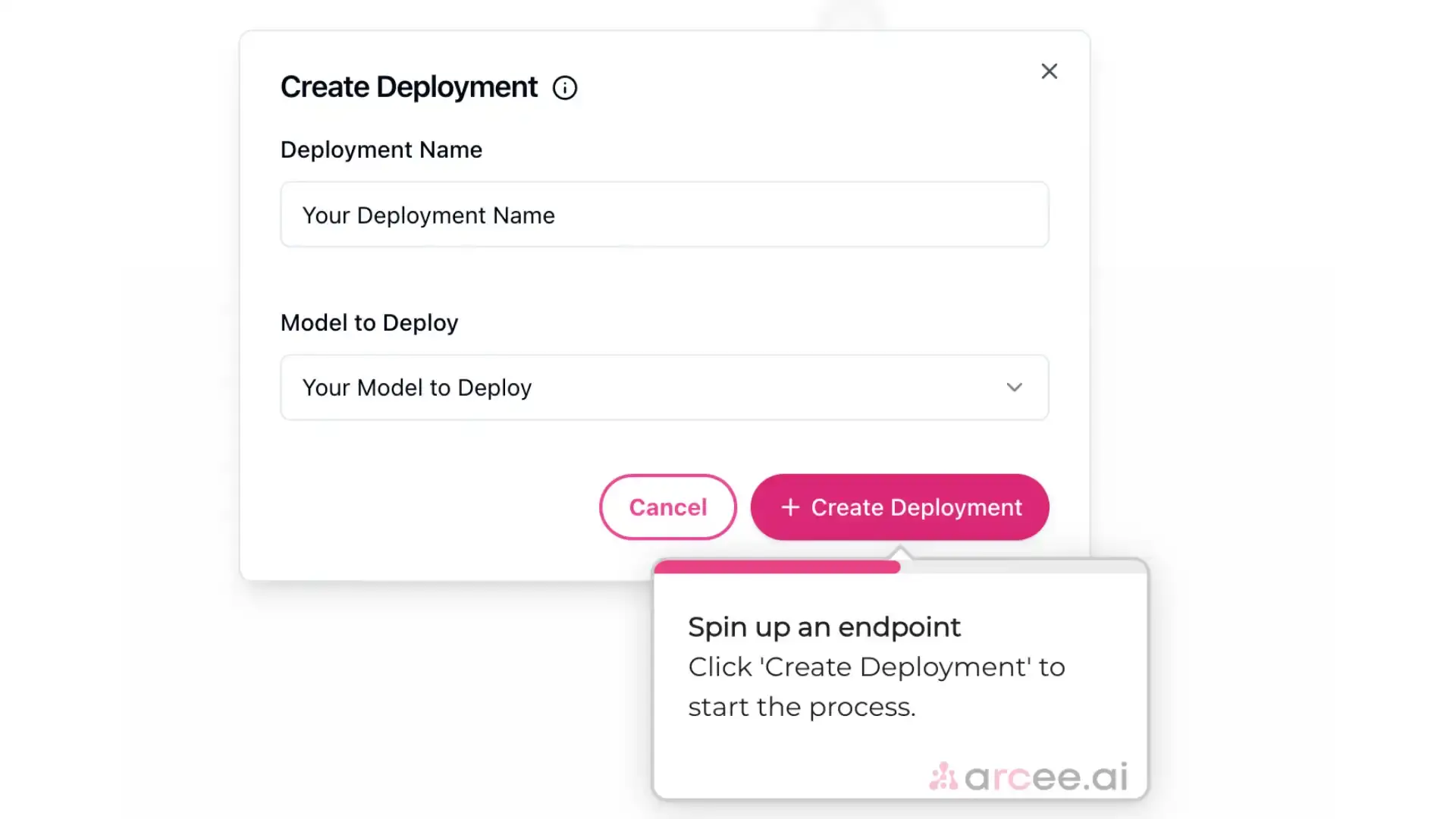 Arcee Create Deployment screen with fields for Deployment Name and Model to Deploy, and buttons for Cancel and Create Deployment.