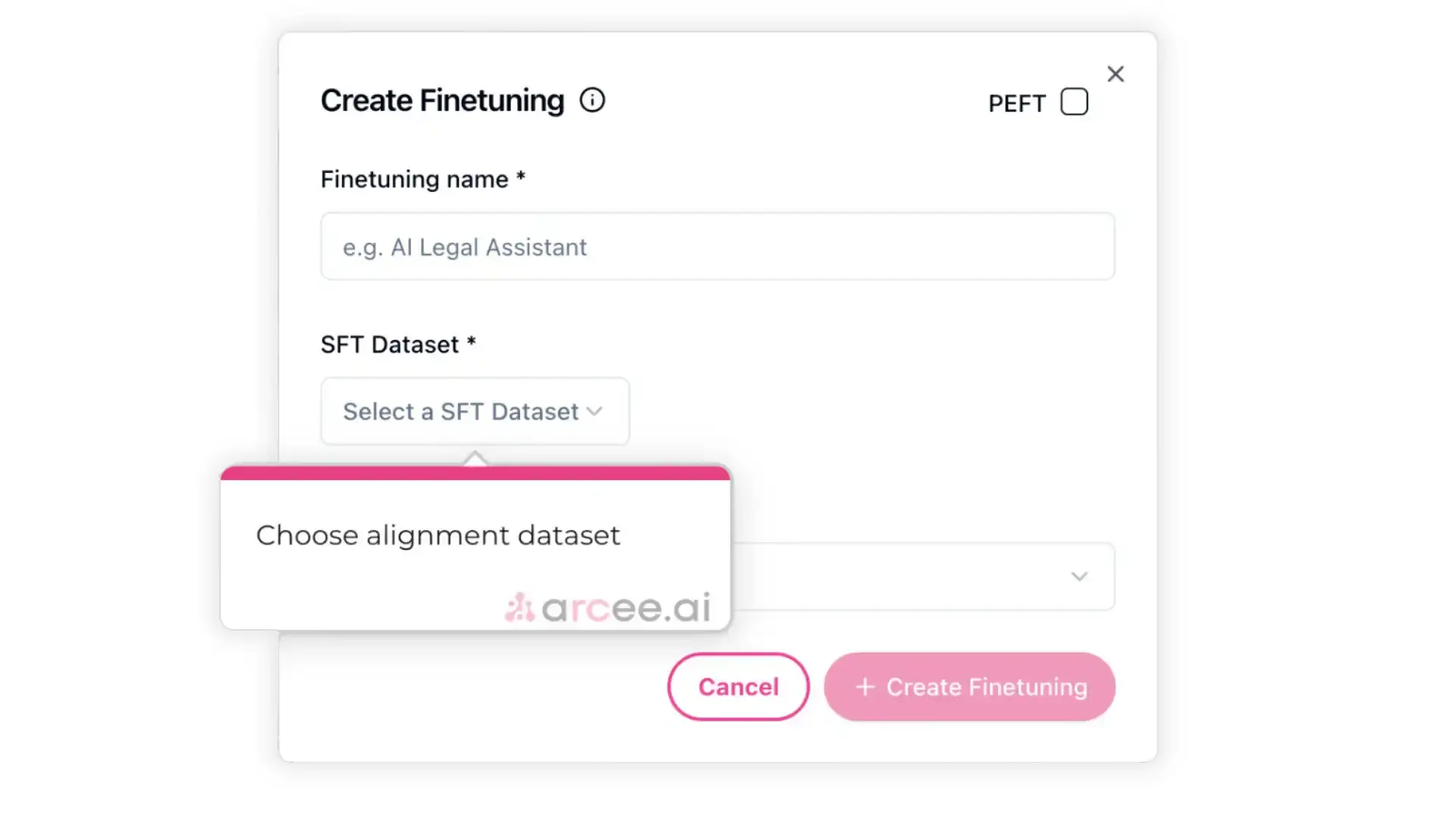 Arcee Create Finetuning screen for aligning Small Language Models