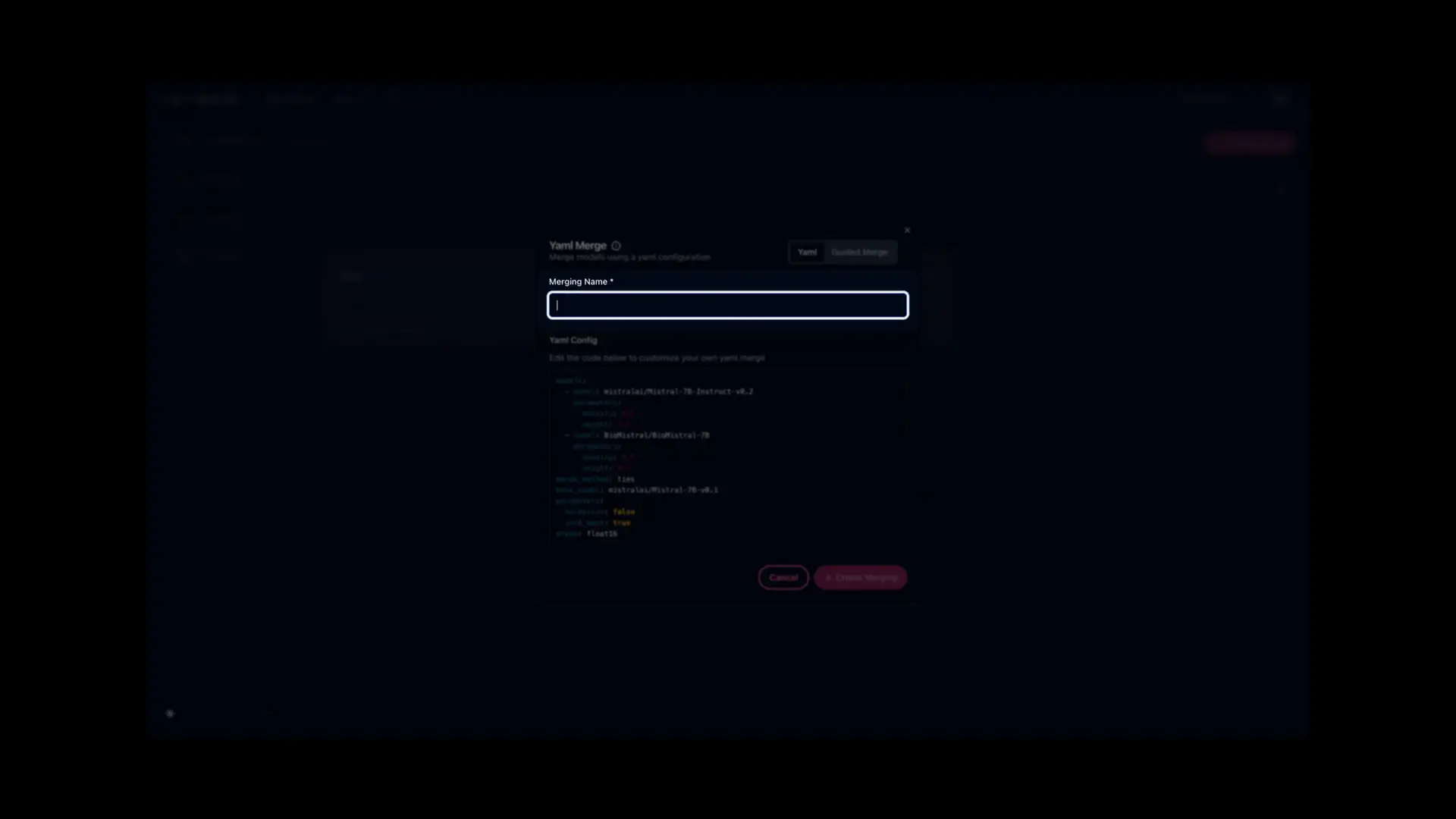 Arcee platform Yaml Merge screen for model merging configuration