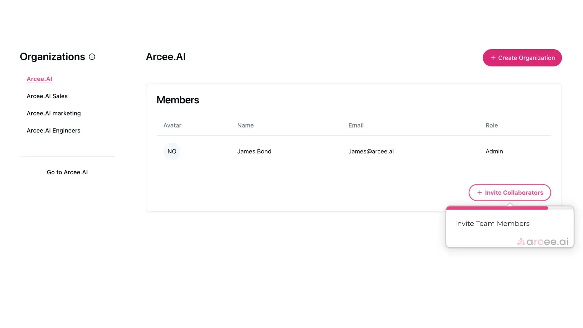 Arcee platform Organizations management screen showing members and options to create organization and invite collaborators.