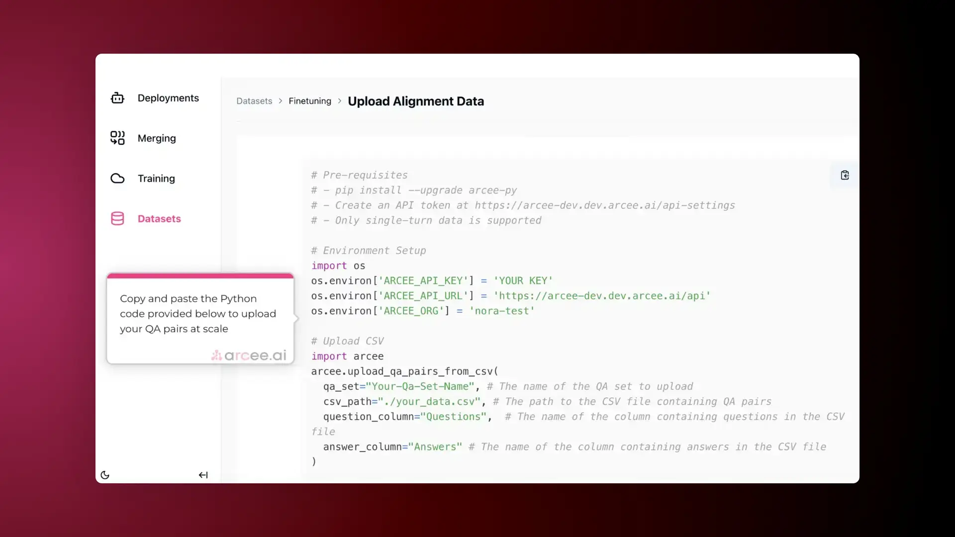 Arcee platform Upload Alignment Data page showing Python code for uploading QA pairs.