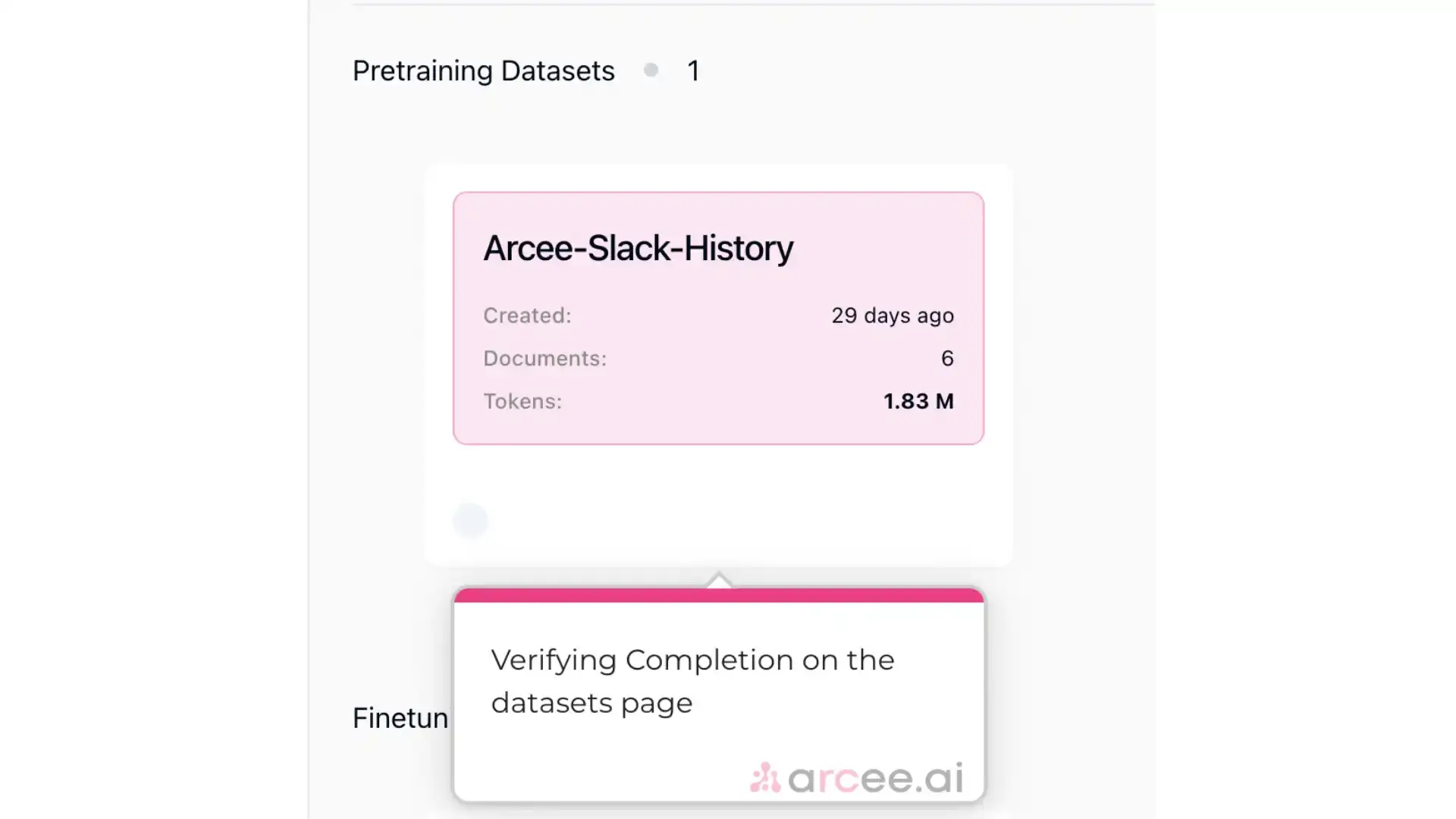 Arcee platform pretraining datasets page showing Arcee-Slack-History dataset details.