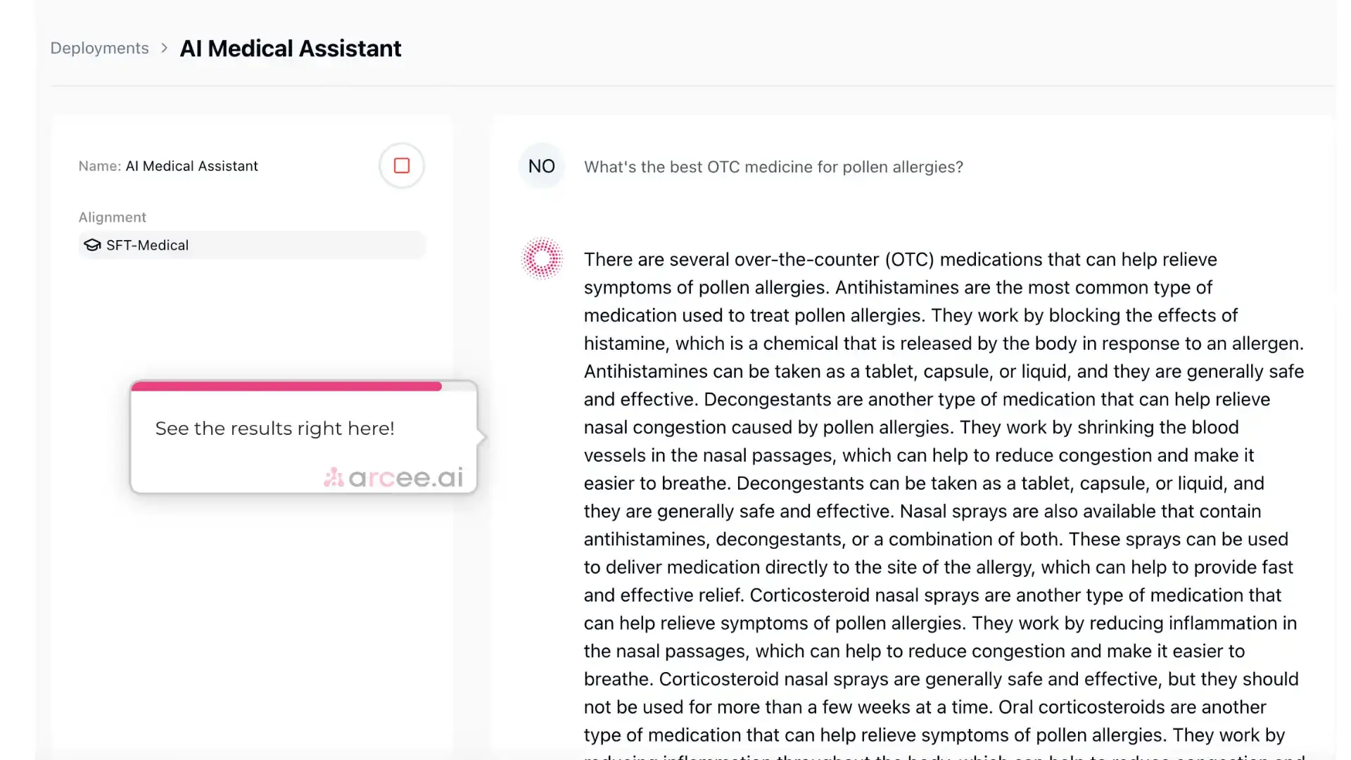 Arcee AI Medical Assistant deployment screen showing a query about OTC medicine for pollen allergies and a detailed response.