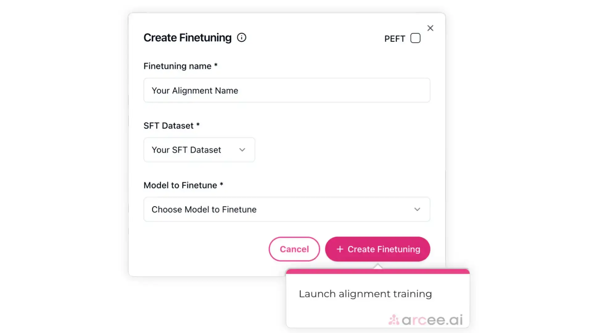 Arcee Create Finetuning screen for model alignment