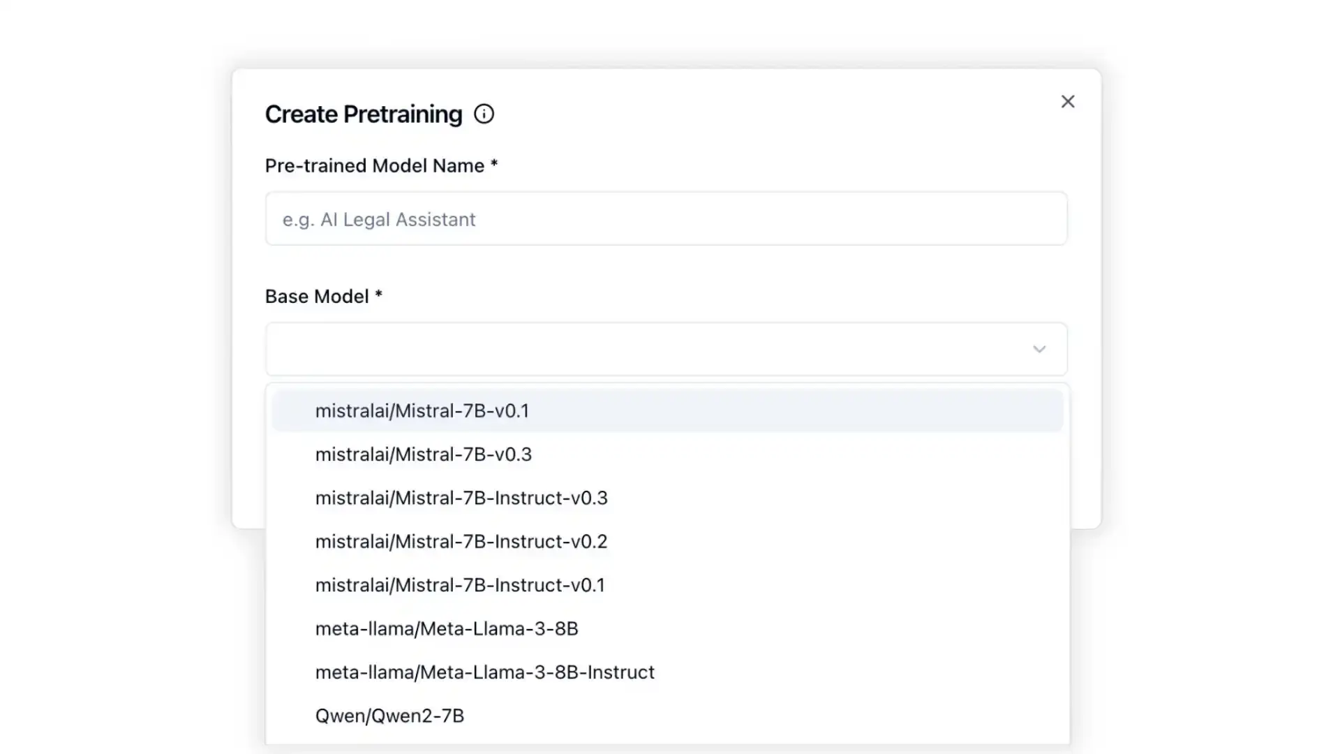 Arcee Create Pretraining screen with base model selection