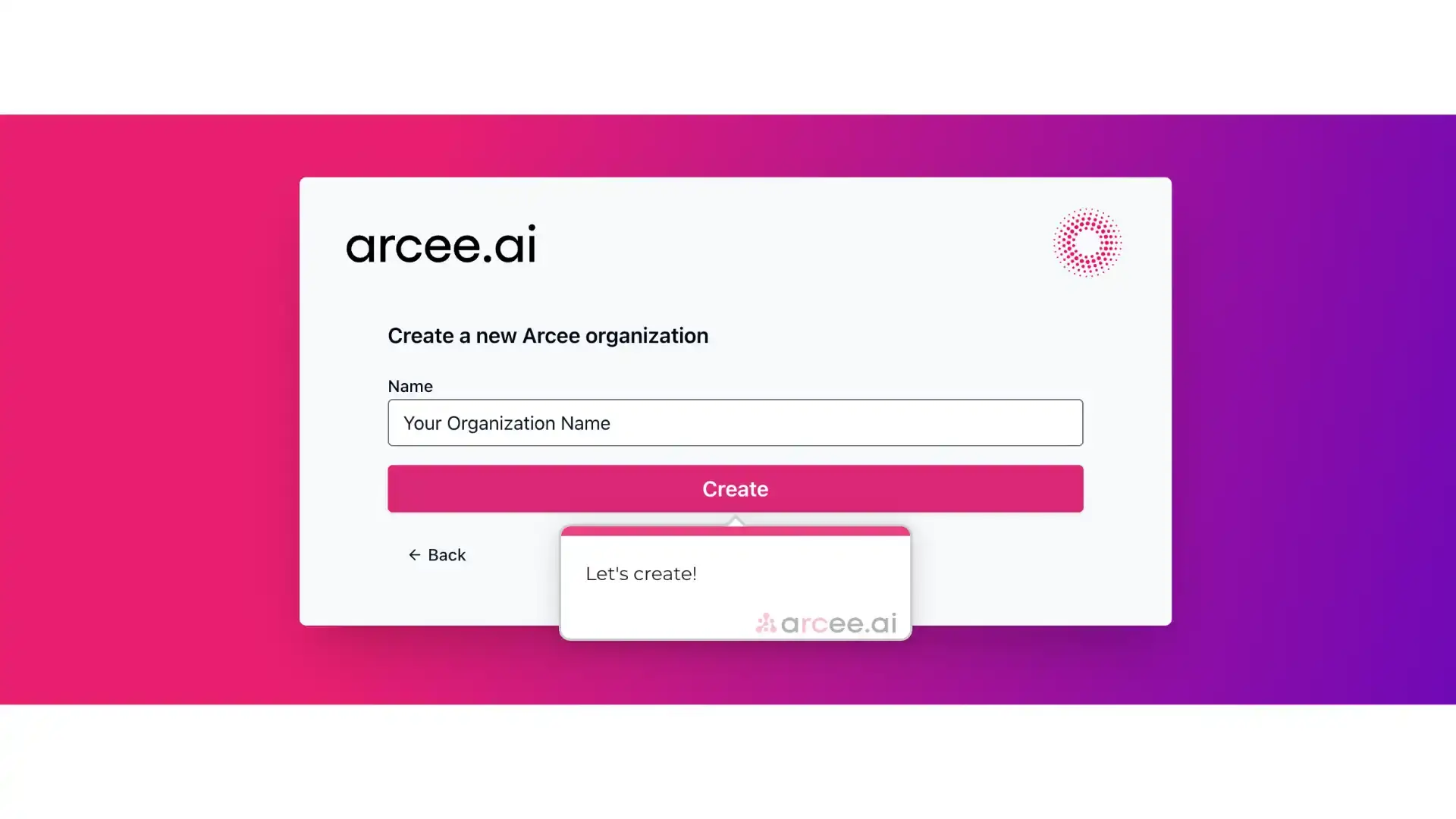 Arcee platform create new organization page