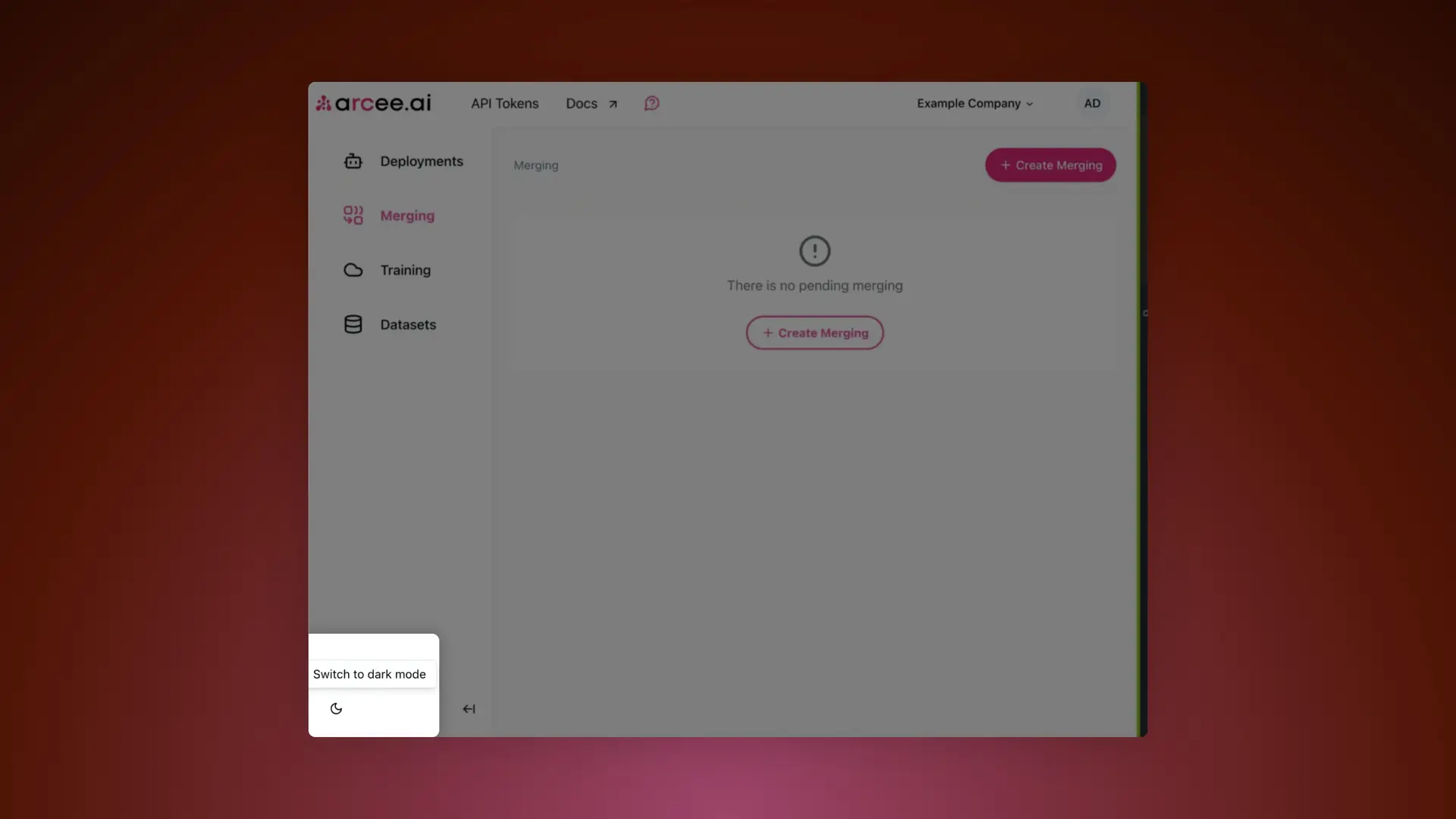 Arcee platform Merging section with no pending merging and options to create merging or switch to dark mode.