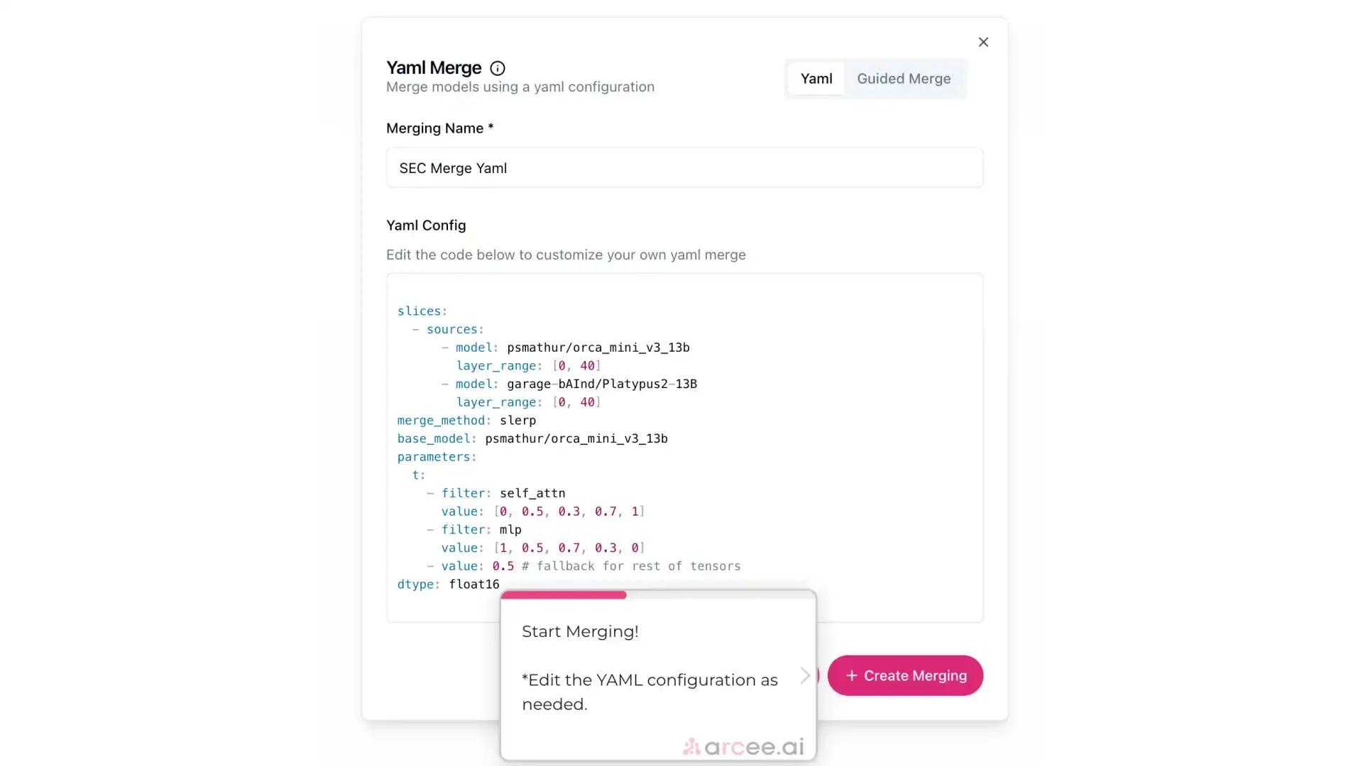 Arcee YAML Merge screen for merging models using YAML configuration