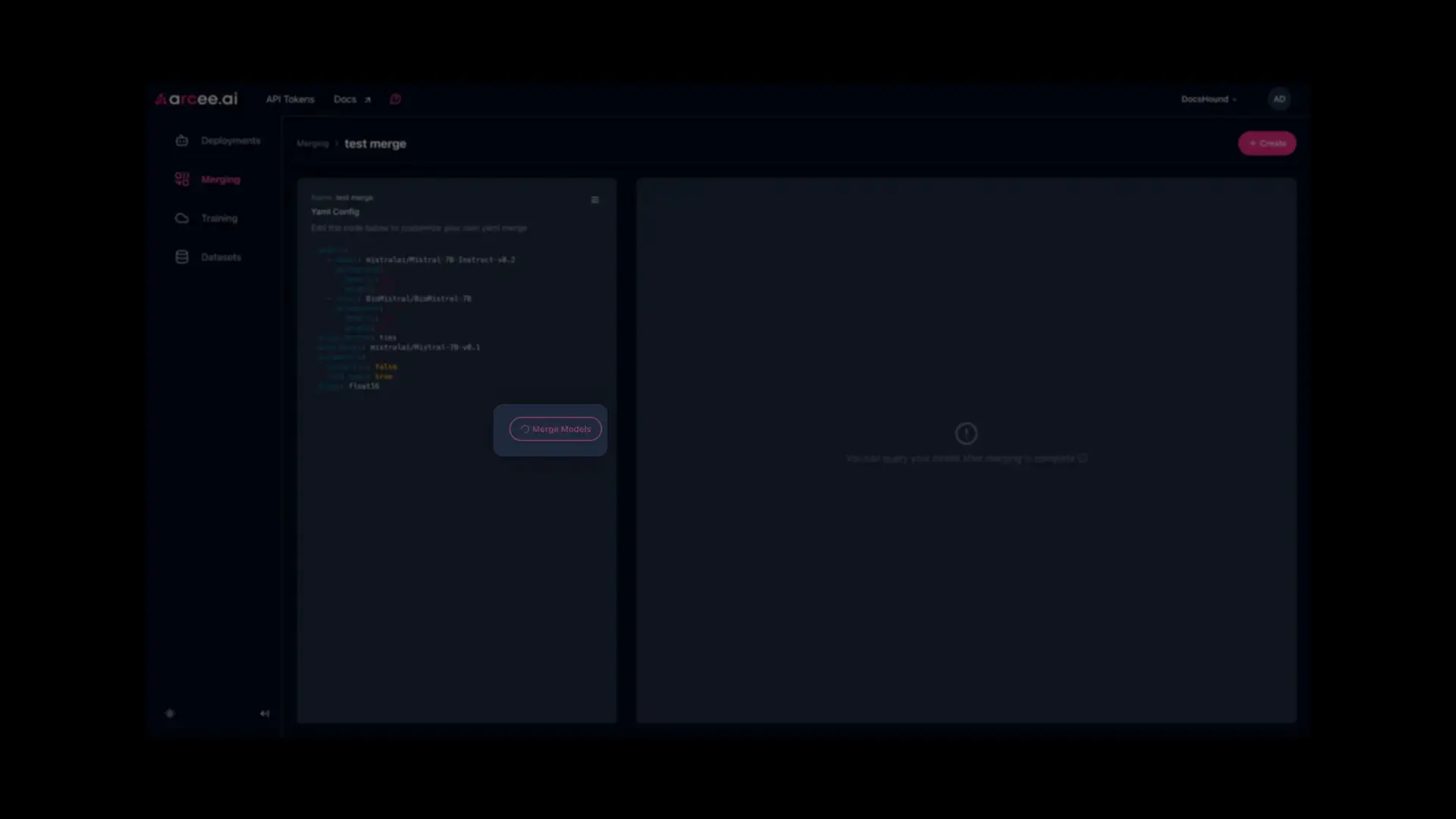 Arcee Merging test merge screen with YAML config editor and Merge Models button
