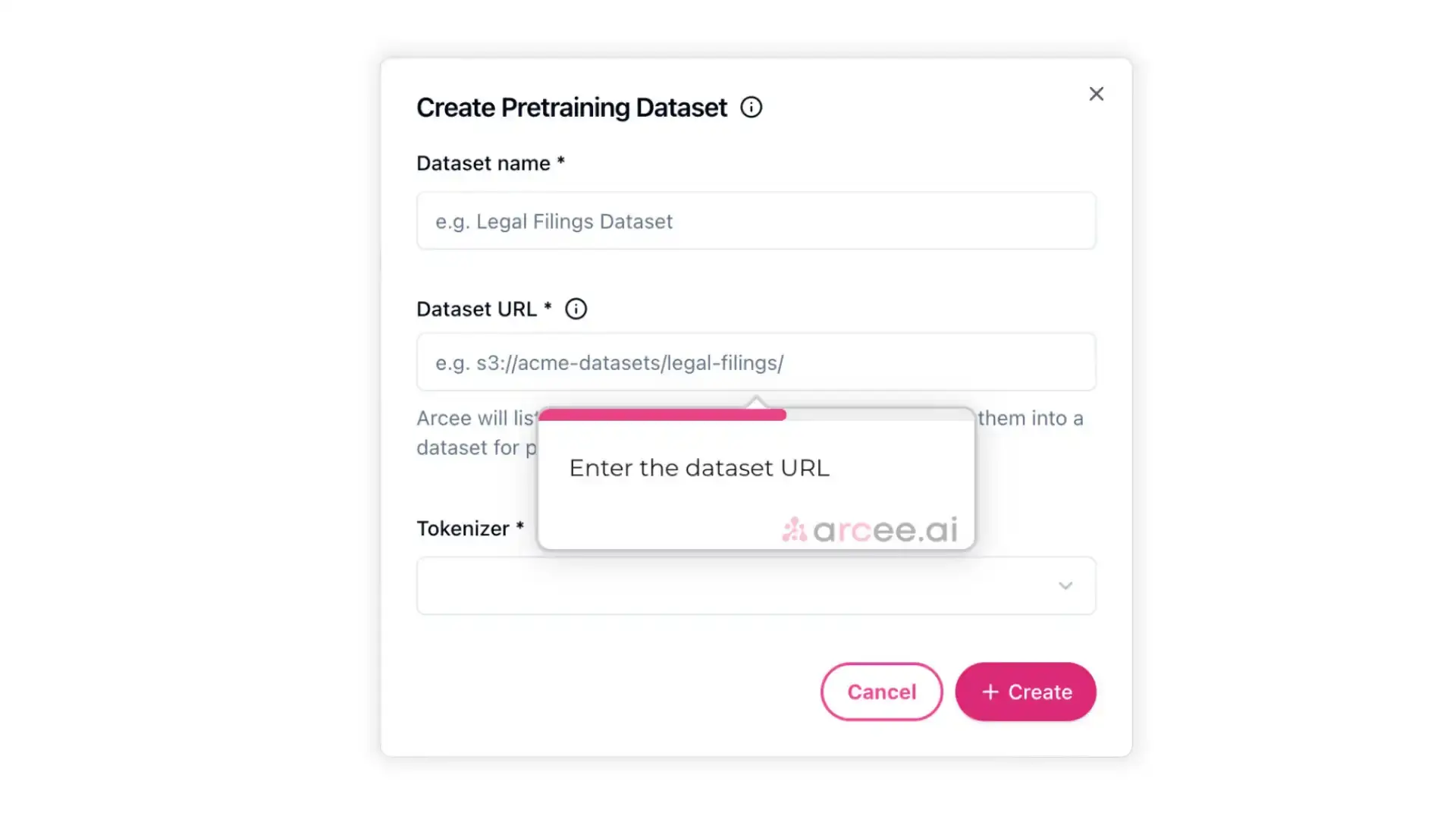 Arcee Create Pretraining Dataset screen for uploading pretraining data