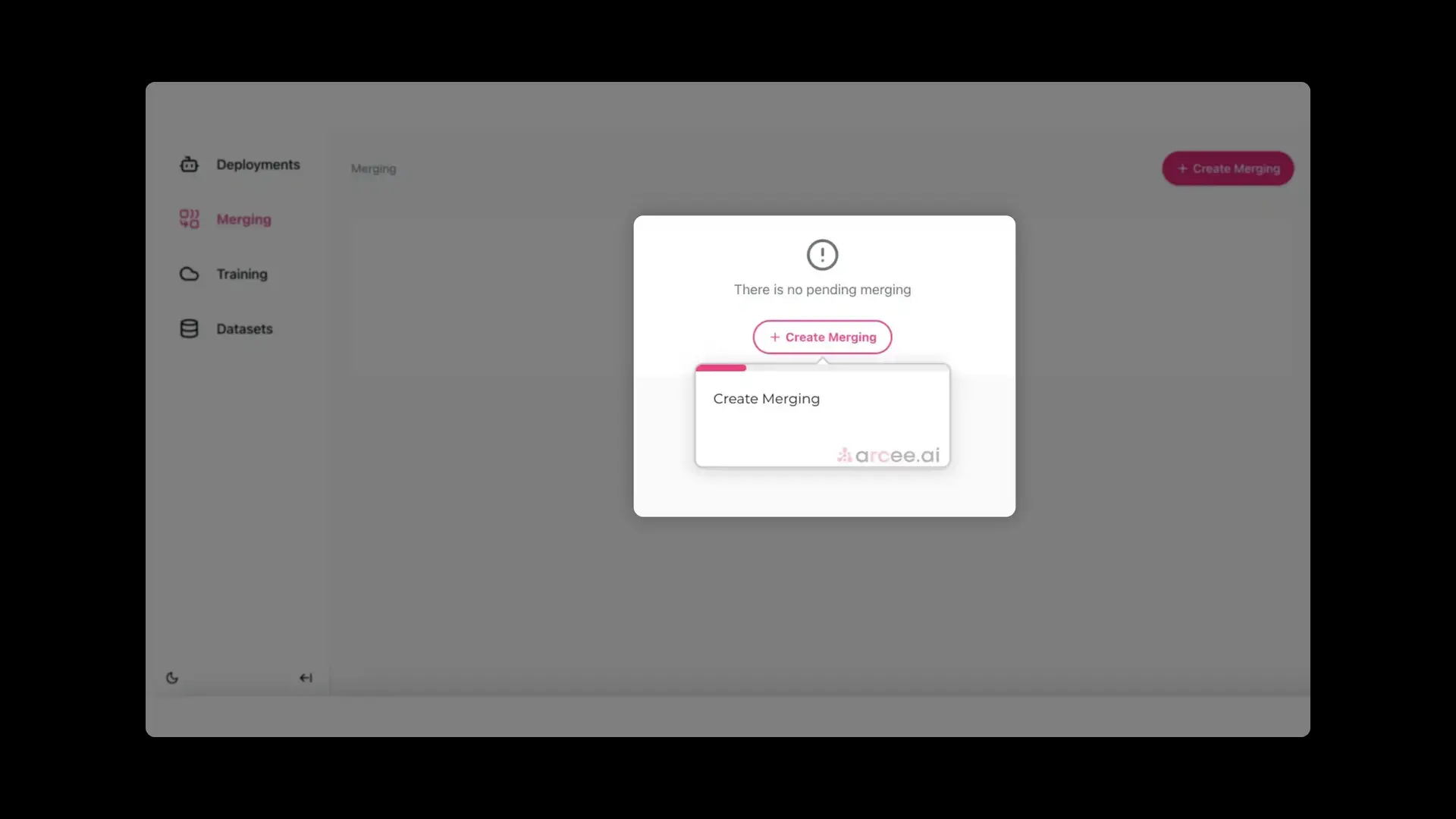 Arcee platform Merging section with Create Merging button