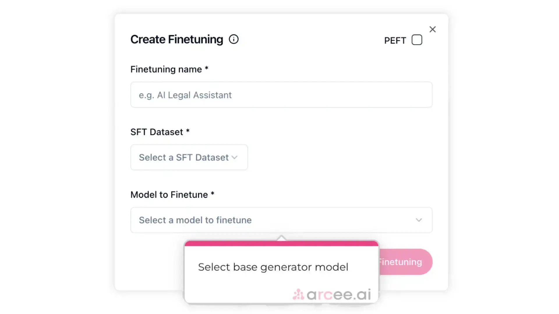 Arcee Create Finetuning screen for model alignment