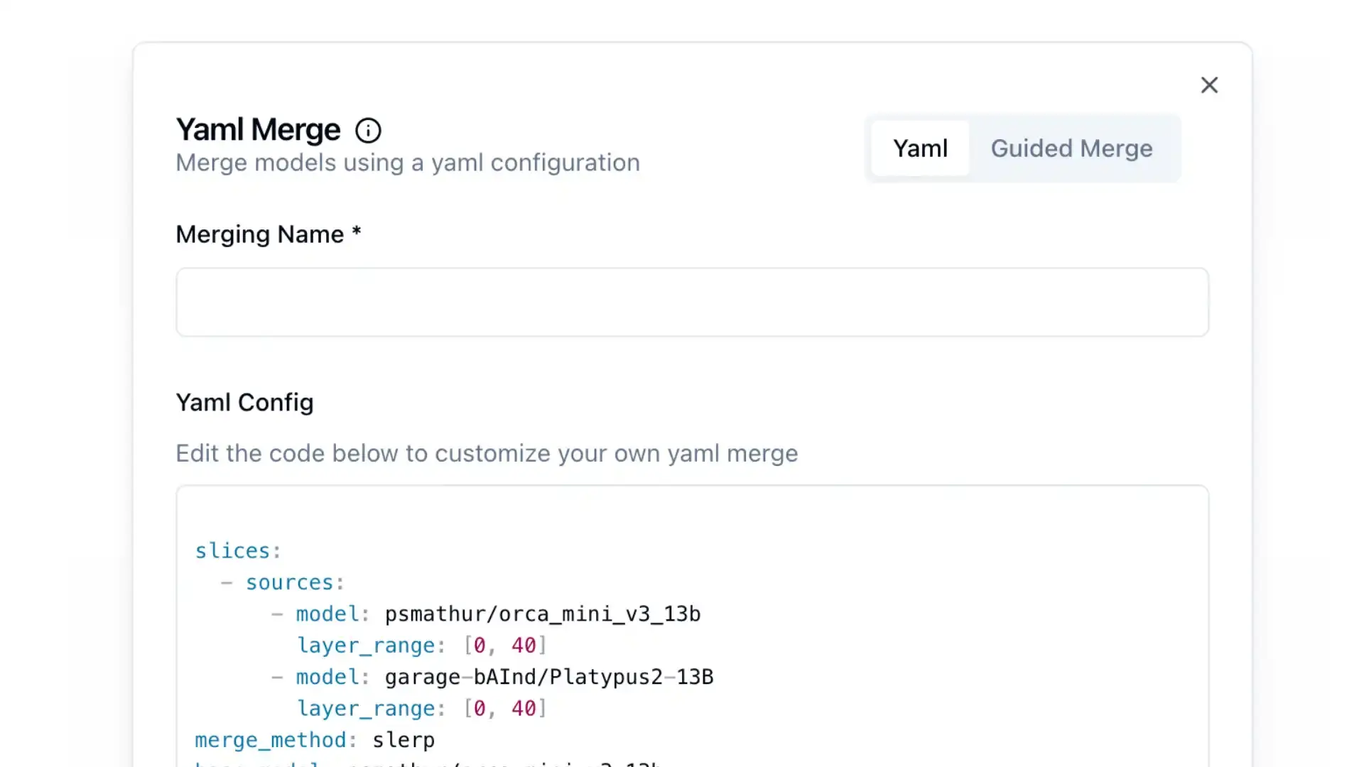 Arcee platform YAML Merge configuration screen for model merging in AWS VPC.