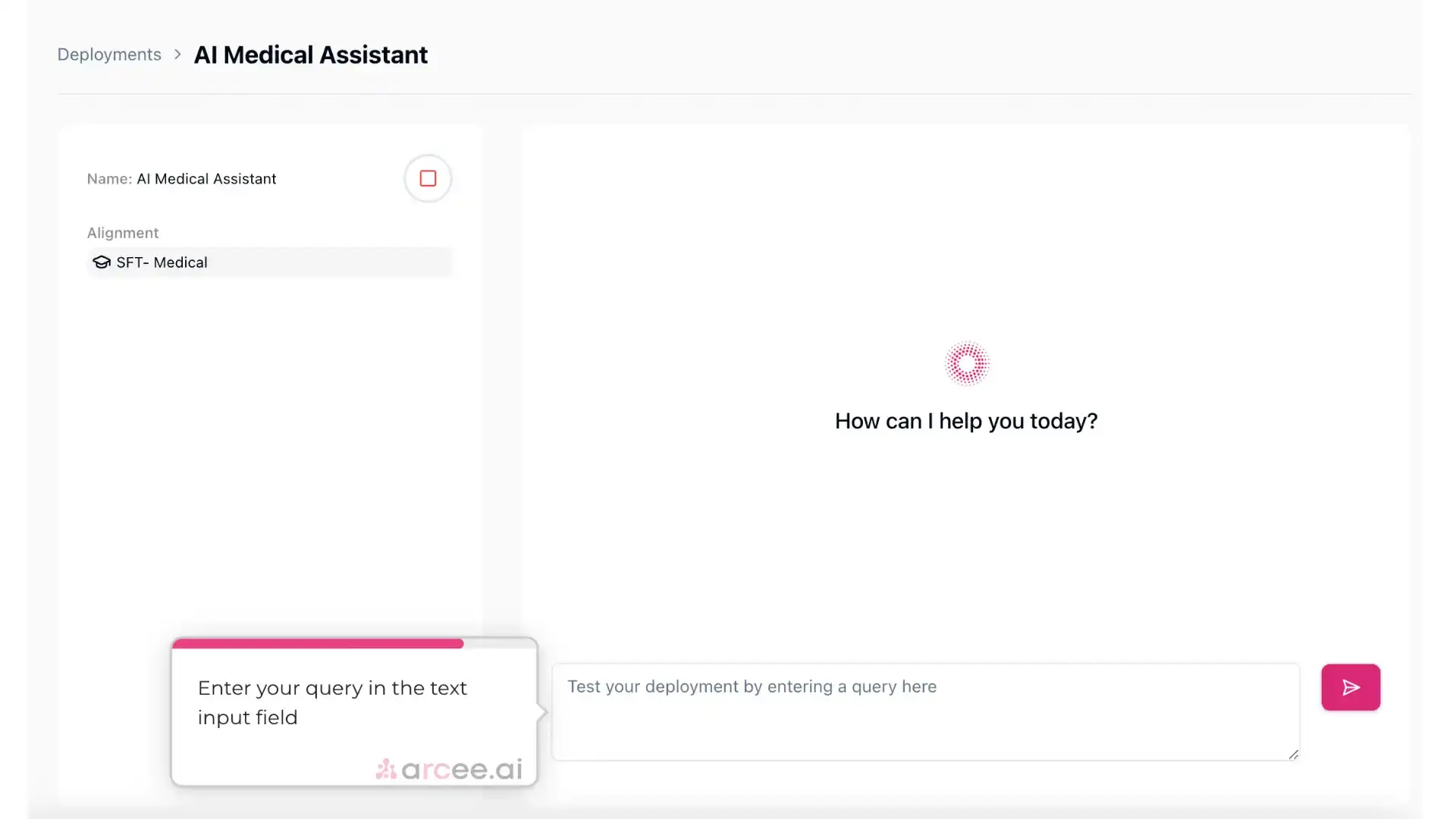 Arcee AI Medical Assistant deployment interface with query input field