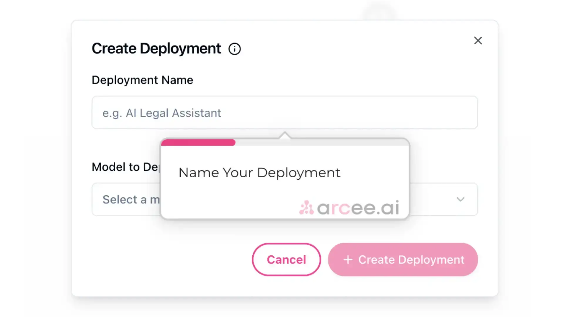 Arcee Create Deployment screen with fields for Deployment Name and Model to Deploy.