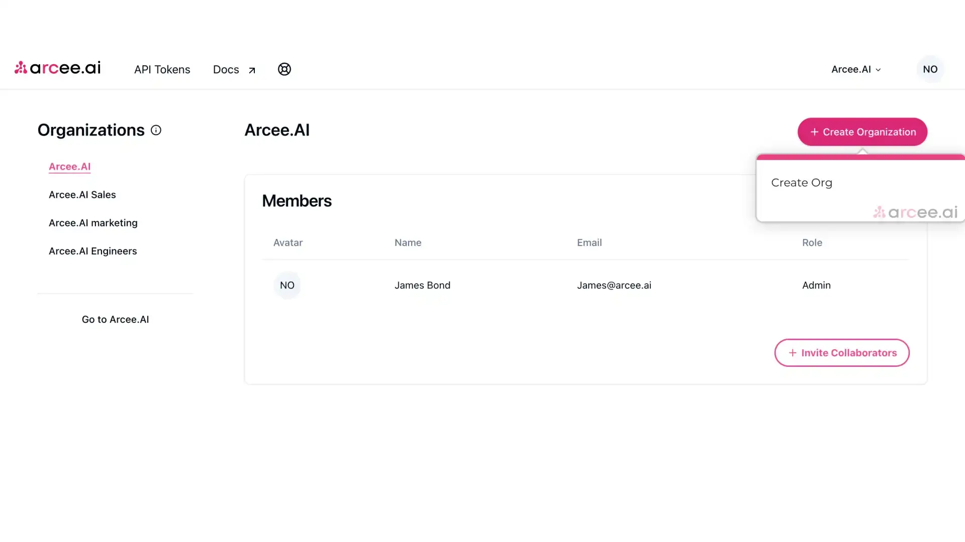 Arcee platform managing an organization account settings page showing organization list and member details.