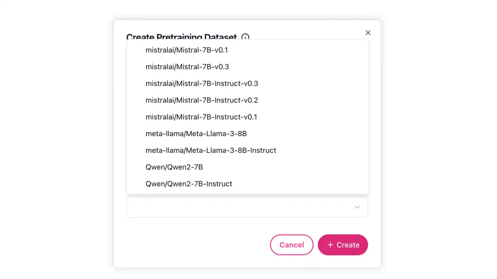 Arcee Create Pretraining Dataset modal with dataset options and Cancel and Create buttons