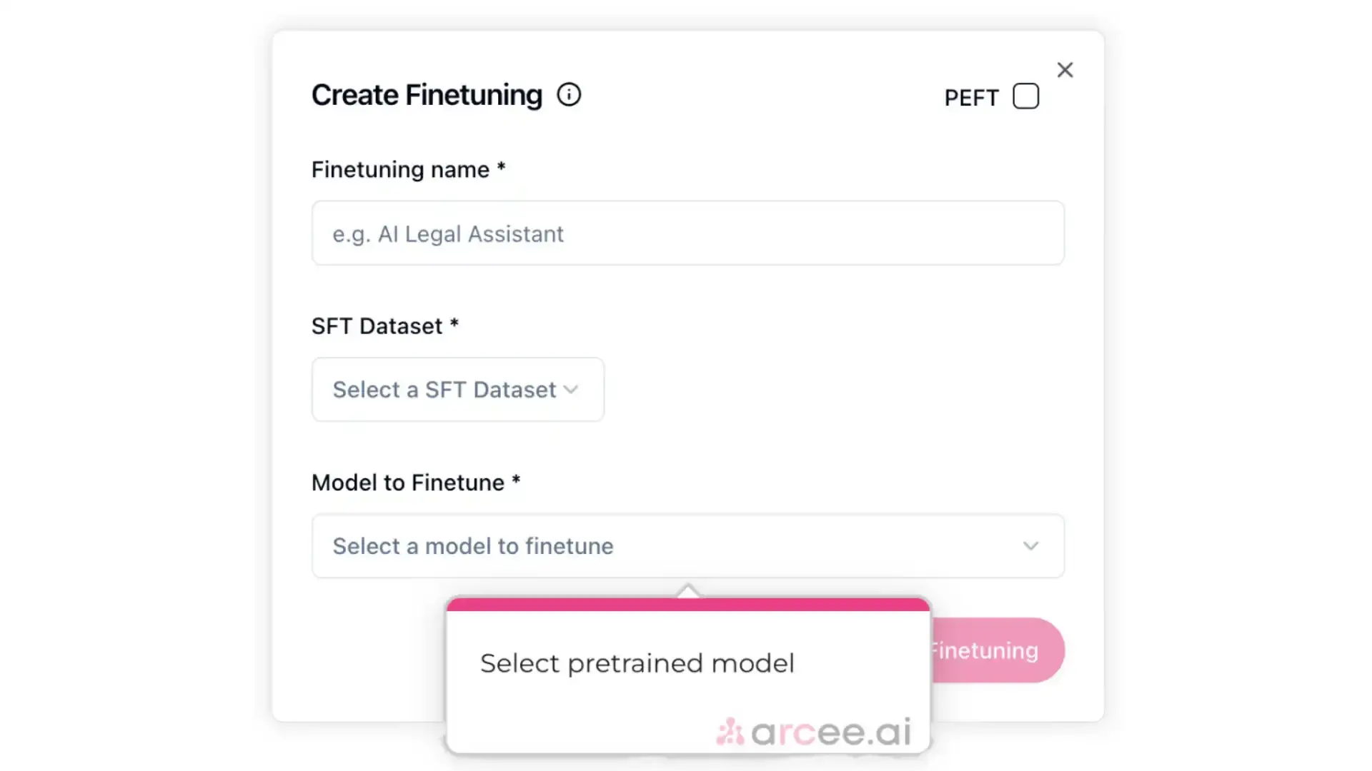 Arcee Create Finetuning screen for model alignment