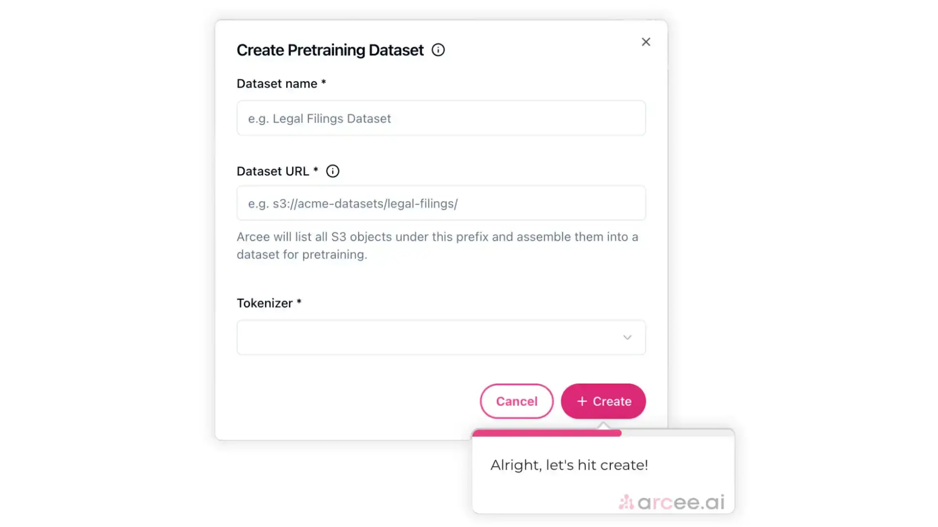 Arcee Create Pretraining Dataset screen for uploading pretraining data