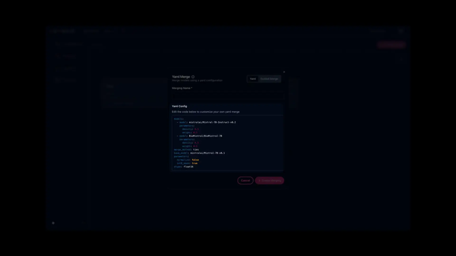 Arcee platform Yaml Merge configuration screen for model merging