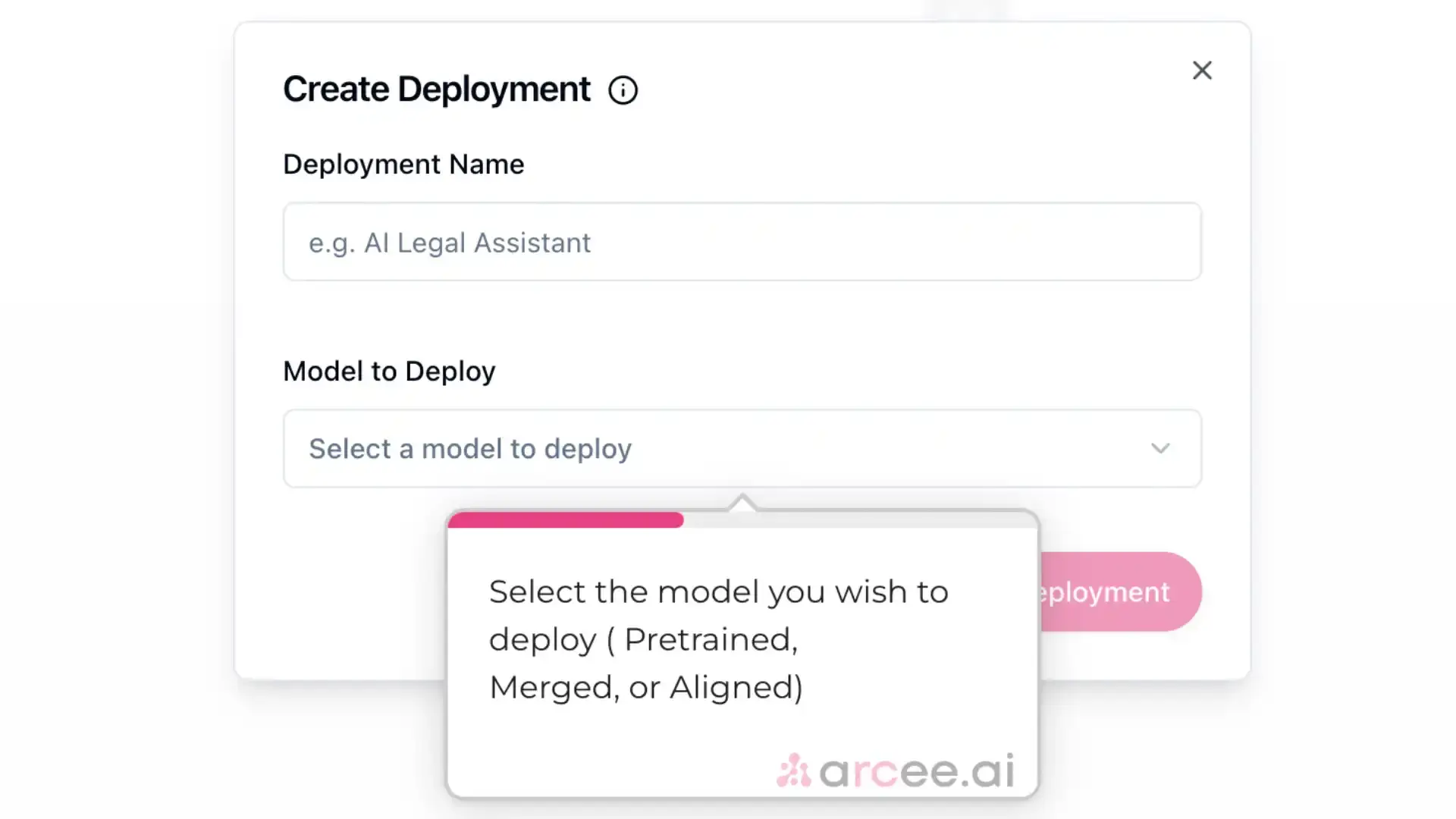 Arcee Create Deployment screen with fields for Deployment Name and Model to Deploy