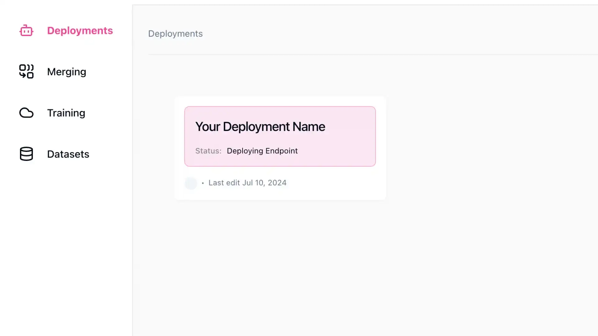 Arcee platform Deployments section showing an active deployment process.