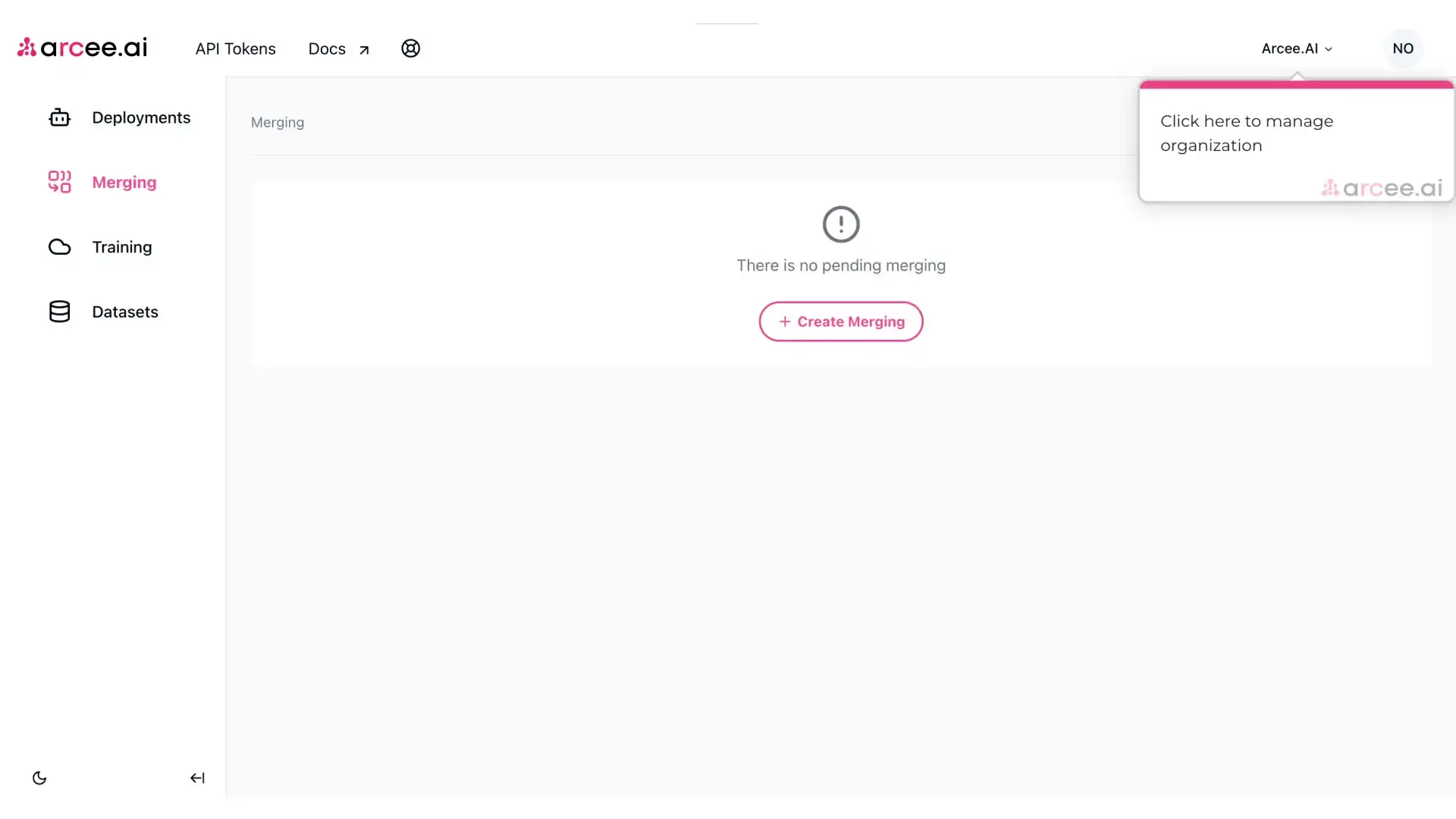 Arcee platform Merging section with no pending merging and option to create new merging.